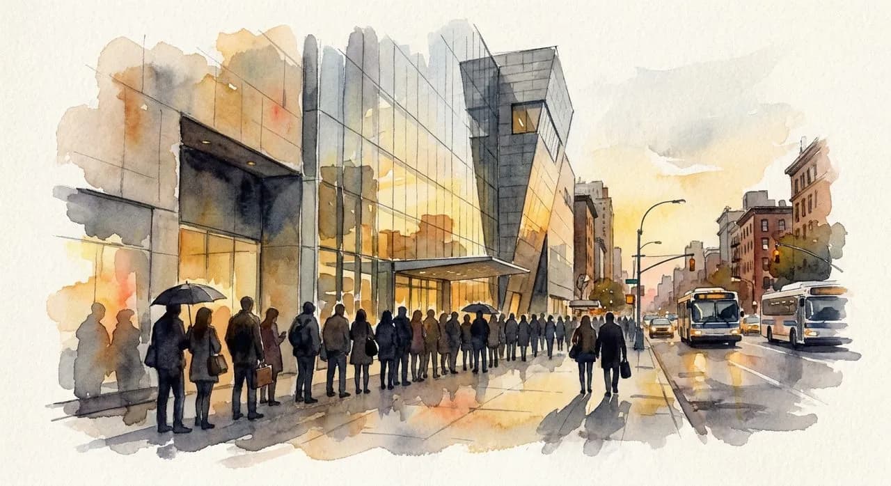 MoMA exterior on West 53rd Street with the UNIQLO Free Friday Nights line forming on the sidewalk in late afternoon