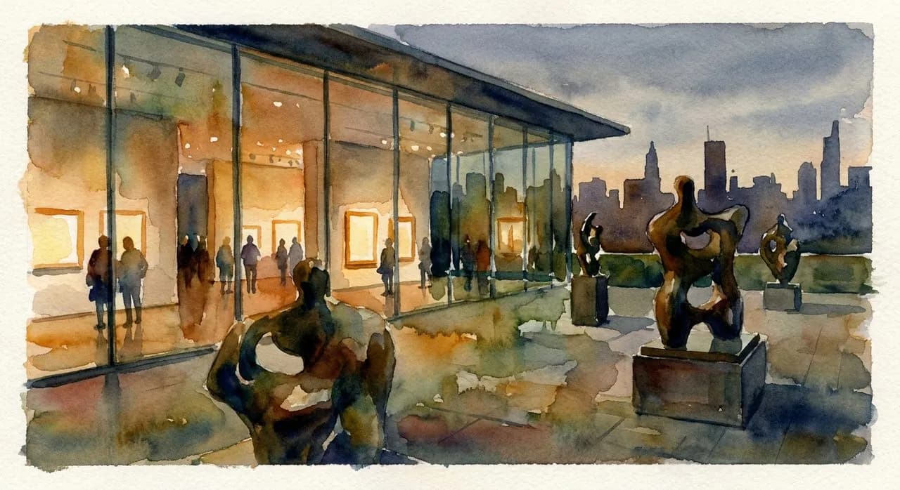 MoMA's sculpture garden with Henry Moore's Reclining Figure and other bronzes visible through the museum's glass wall, evening light