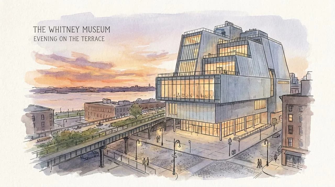 Hero — the Whitney Museum's stepped outdoor terraces at dusk, the lit interior visible through floor-to-ceiling windows, the High Line and Meatpacking District below, the sun just down over the Hudson
