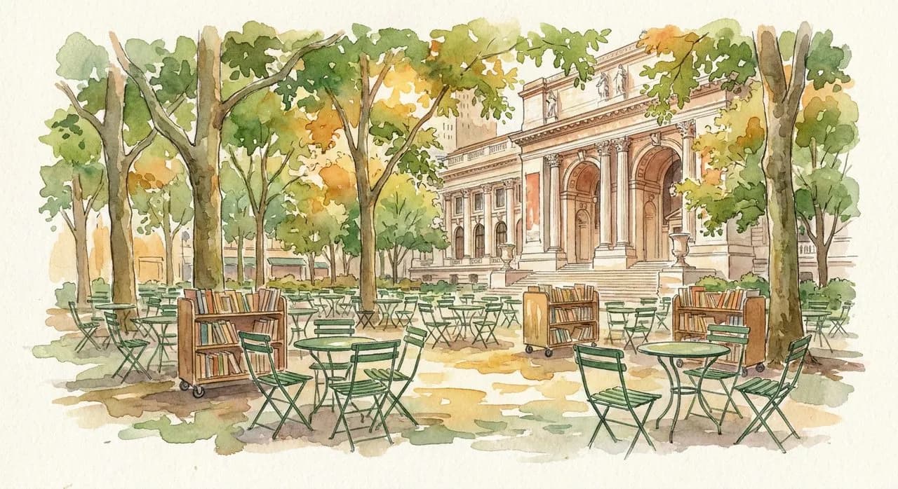 Bryant Park Reading Room in the southwestern corner of the park, midtown Manhattan, with green metal chairs and reading carts on a summer afternoon