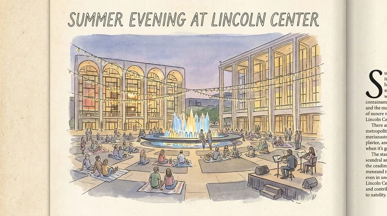 Hero — the Lincoln Center plaza on a summer evening, the fountain lit, the Metropolitan Opera's facade in the background, a crowd seated on the steps watching a free outdoor performance