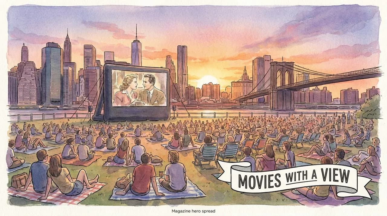 Hero — the Harbor View Lawn at Brooklyn Bridge Park Pier 1 during Movies With a View, hundreds of people on blankets watching a film projected onto a large screen, the Manhattan skyline lit behind