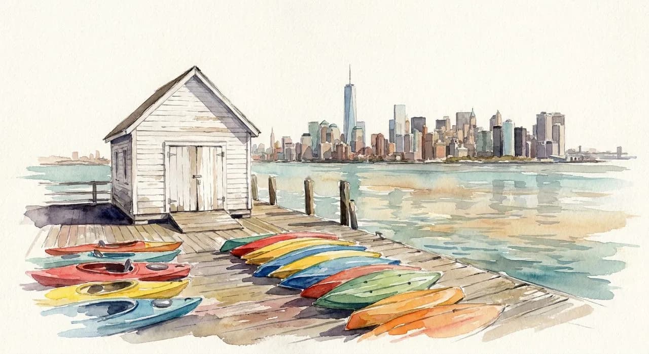 Downtown Boathouse at Pier 26 with rows of kayaks ready on the dock, the Hudson River and Tribeca waterfront visible in late morning
