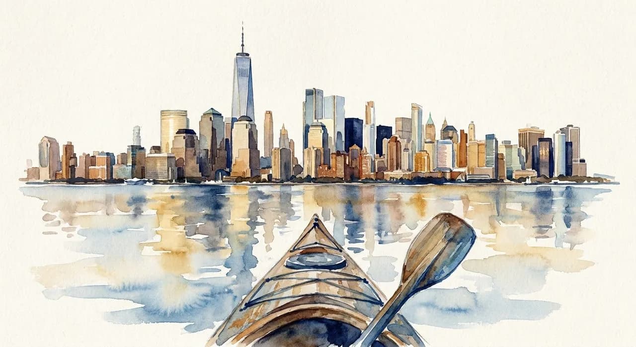 A view from kayak level on the Hudson River looking back at the World Trade Center and Lower Manhattan skyline
