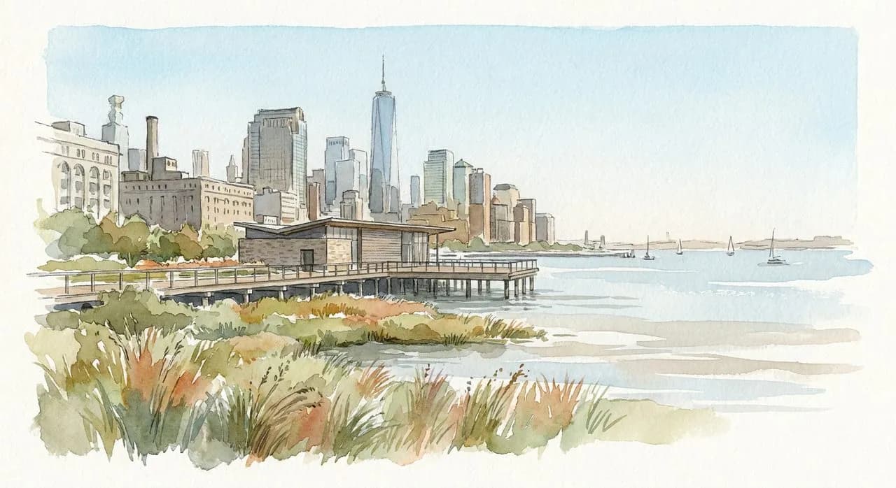 The Pier 26 building exterior with the salt marsh and the Hudson River visible — Tribeca waterfront on a clear afternoon