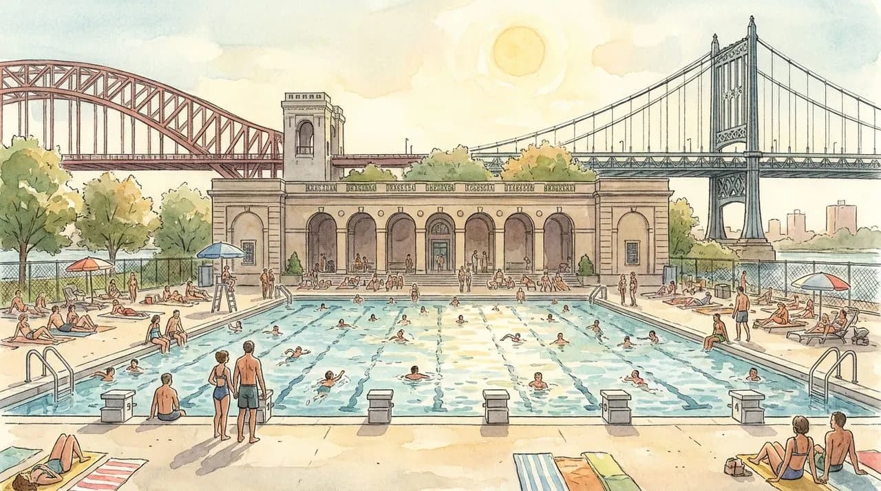 Hero — a wide shot of Astoria Park Pool at midday, the Olympic-sized pool full of swimmers, the bathhouse arches in the background, the Hell Gate Bridge and Triborough Bridge framing the scene