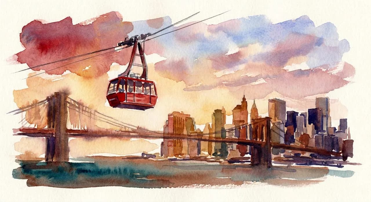 Roosevelt Island Tram cabin in flight over the East River with the Queensboro Bridge and Manhattan skyline behind, late afternoon