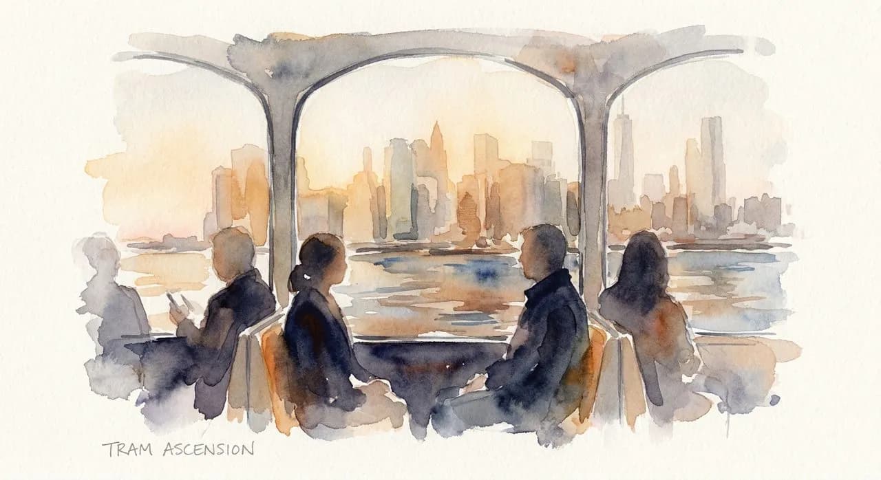 Inside the Roosevelt Island Tram cabin during ascent over the East River, passengers at the windows with the Manhattan skyline behind