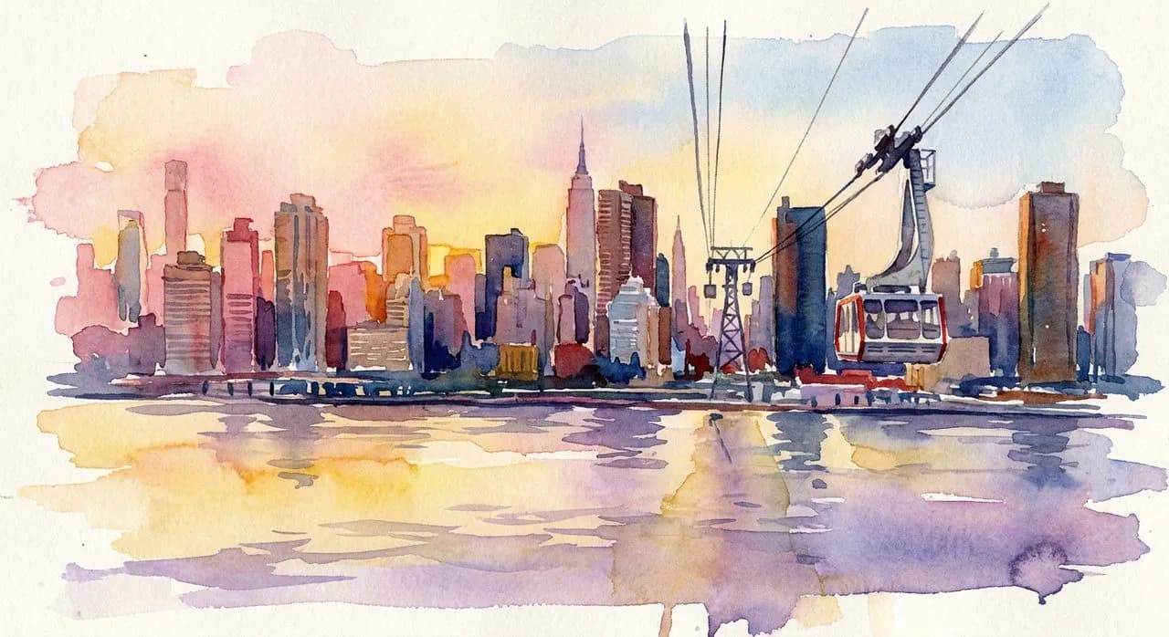 View from the Roosevelt Island side looking west at the Manhattan skyline and the tram cable rising over the East River