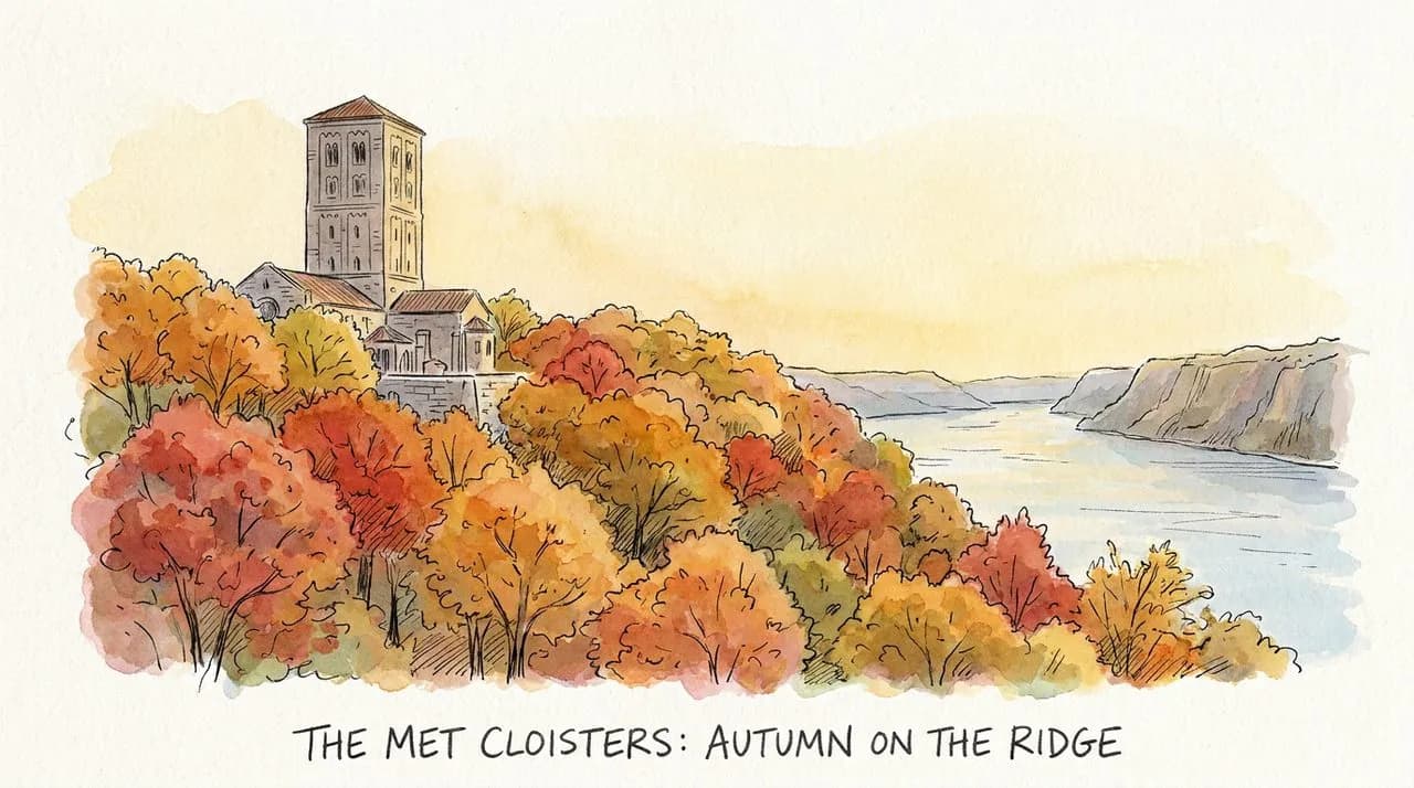 Hero — the medieval-revival tower of the Met Cloisters rising above Fort Tryon Park, with the autumn-colored trees of the ridge and the Hudson River cliffs in the background
