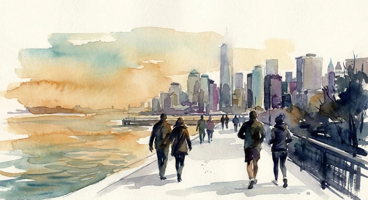 The Hudson River Park esplanade looking north from Battery Park toward the World Trade Center, late afternoon walkers and joggers
