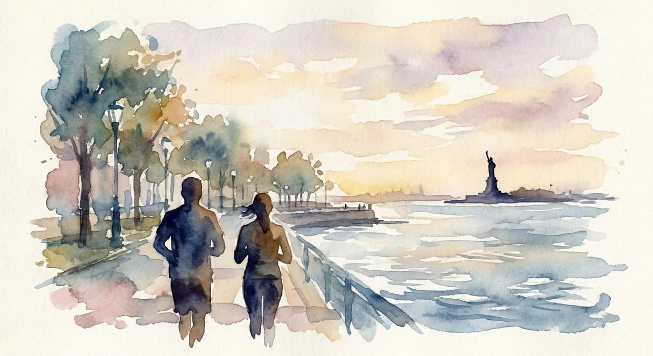 The Hudson River Park esplanade in Battery Park City with the Statue of Liberty visible across the harbor and joggers in the foreground