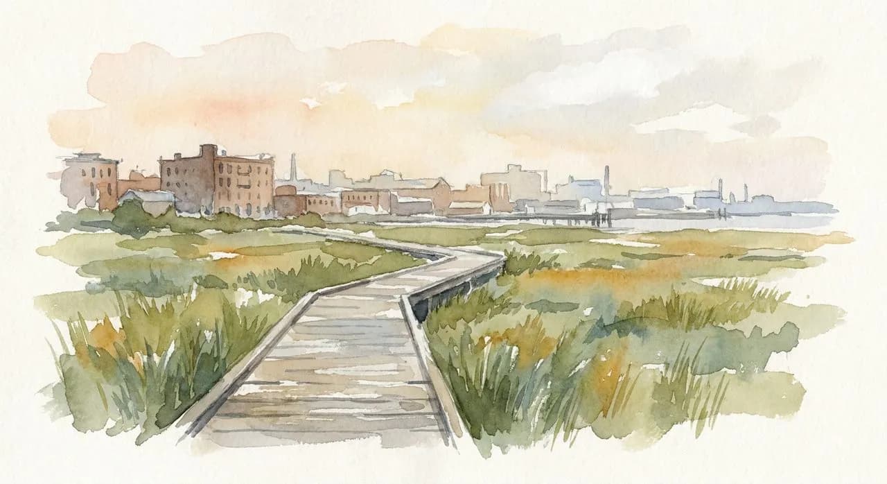 The Pier 26 salt marsh boardwalk in late spring, with the wooden walkway curving through native marsh grasses and the Tribeca skyline behind