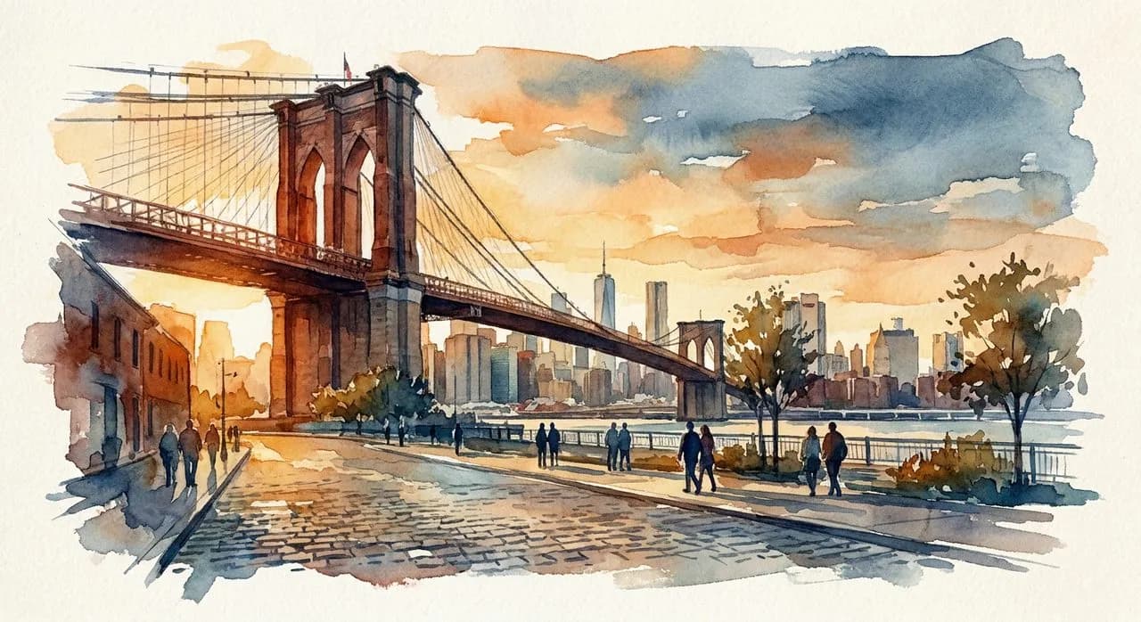 DUMBO with the Manhattan Bridge framing the Brooklyn Heights skyline, walkers on Pier 1 of Brooklyn Bridge Park visible
