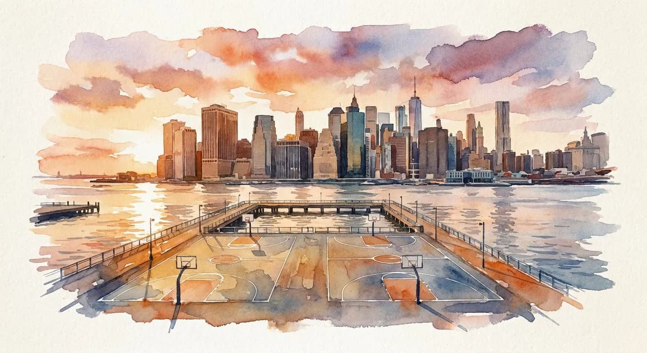 Brooklyn Bridge Park's Pier 2 with the basketball courts in foreground and the Manhattan skyline visible across the East River