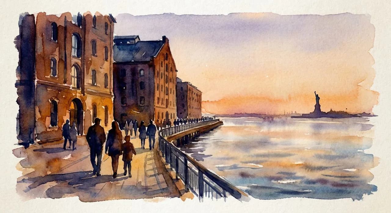 The Red Hook IKEA waterfront promenade with the Statue of Liberty visible across the harbor at golden hour