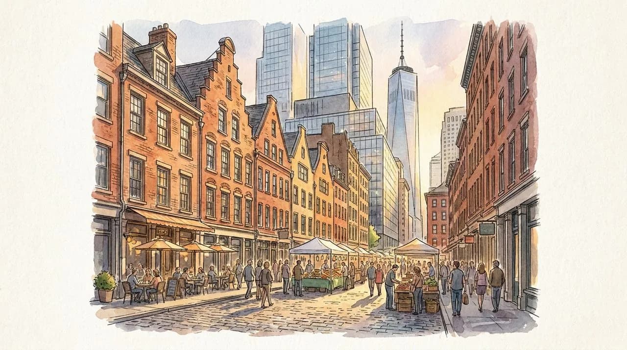 Hero — the cobblestones of Stone Street in Lower Manhattan, the historic Dutch-style buildings on both sides, the modern Financial District towers rising in the background