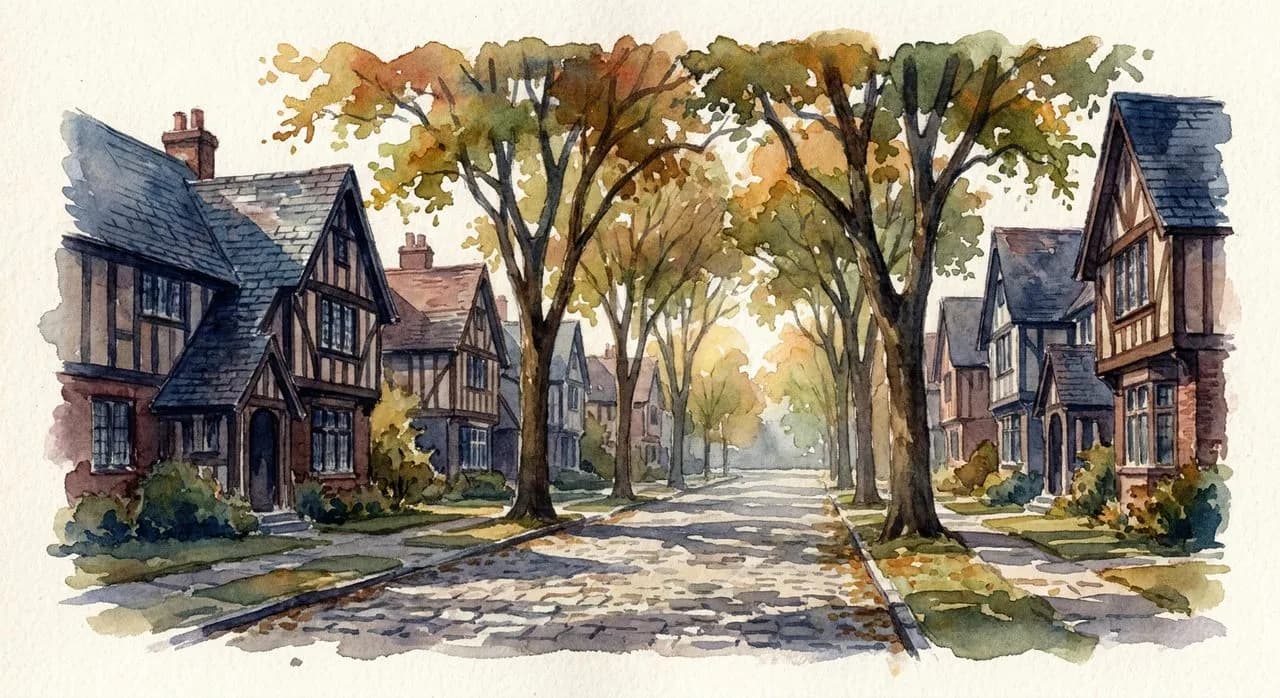 Forest Hills Gardens private street with a row of Tudor revival houses and slate roofs, Queens