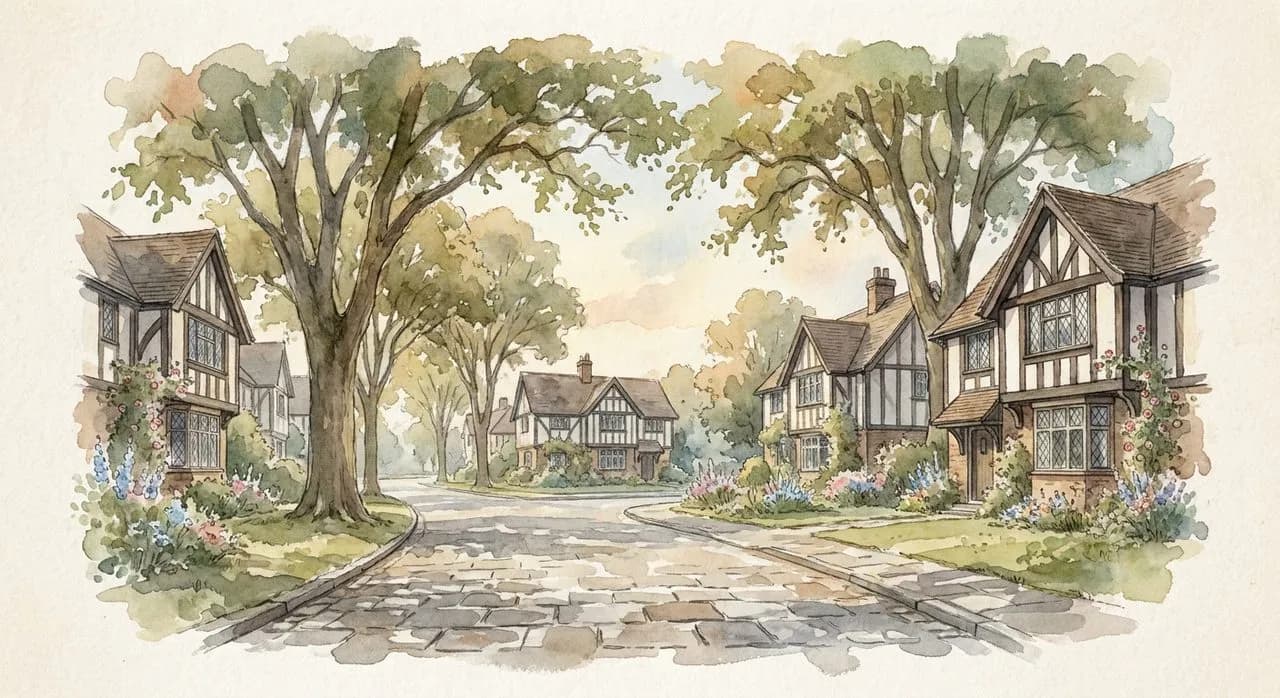 A residential street in Forest Hills Gardens with mature elm trees overhead, Tudor revival houses with slate roofs and small front gardens