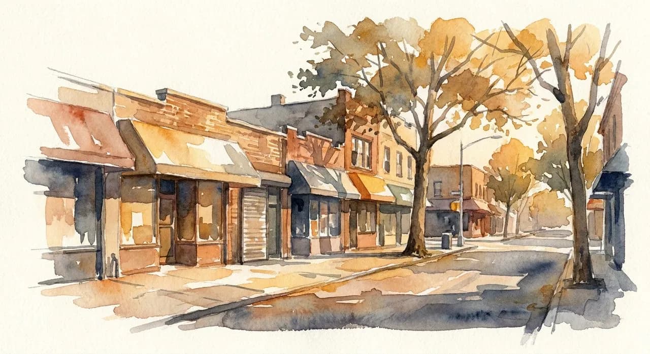 The Austin Street commercial strip in Forest Hills with shops, restaurants, and a row of mature plane trees, late afternoon light