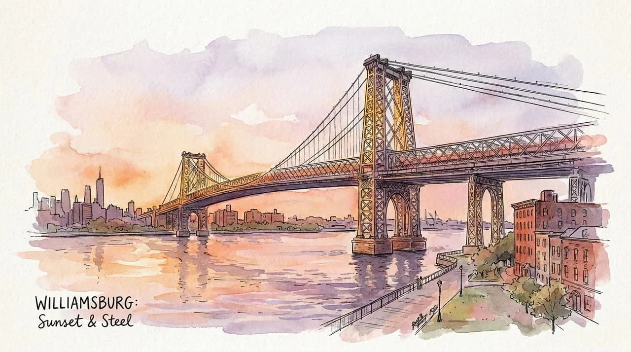 Hero — the Williamsburg Bridge spanning the East River at sunset, the steel towers glowing against the sky, the Manhattan skyline visible to the south, the Williamsburg waterfront in the foreground