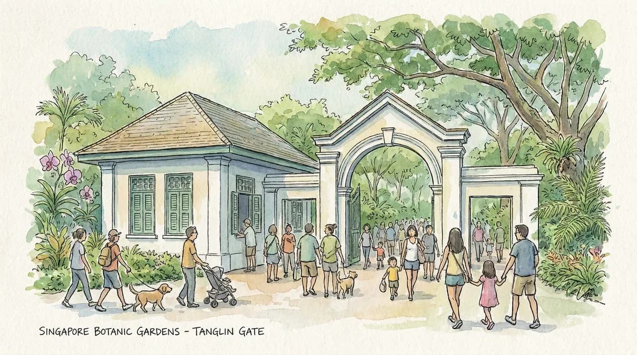 Hero — the entrance to Singapore Botanic Gardens at Tanglin Gate, the colonial-era gatehouse and tropical foliage, a Sunday morning crowd of walkers entering the park