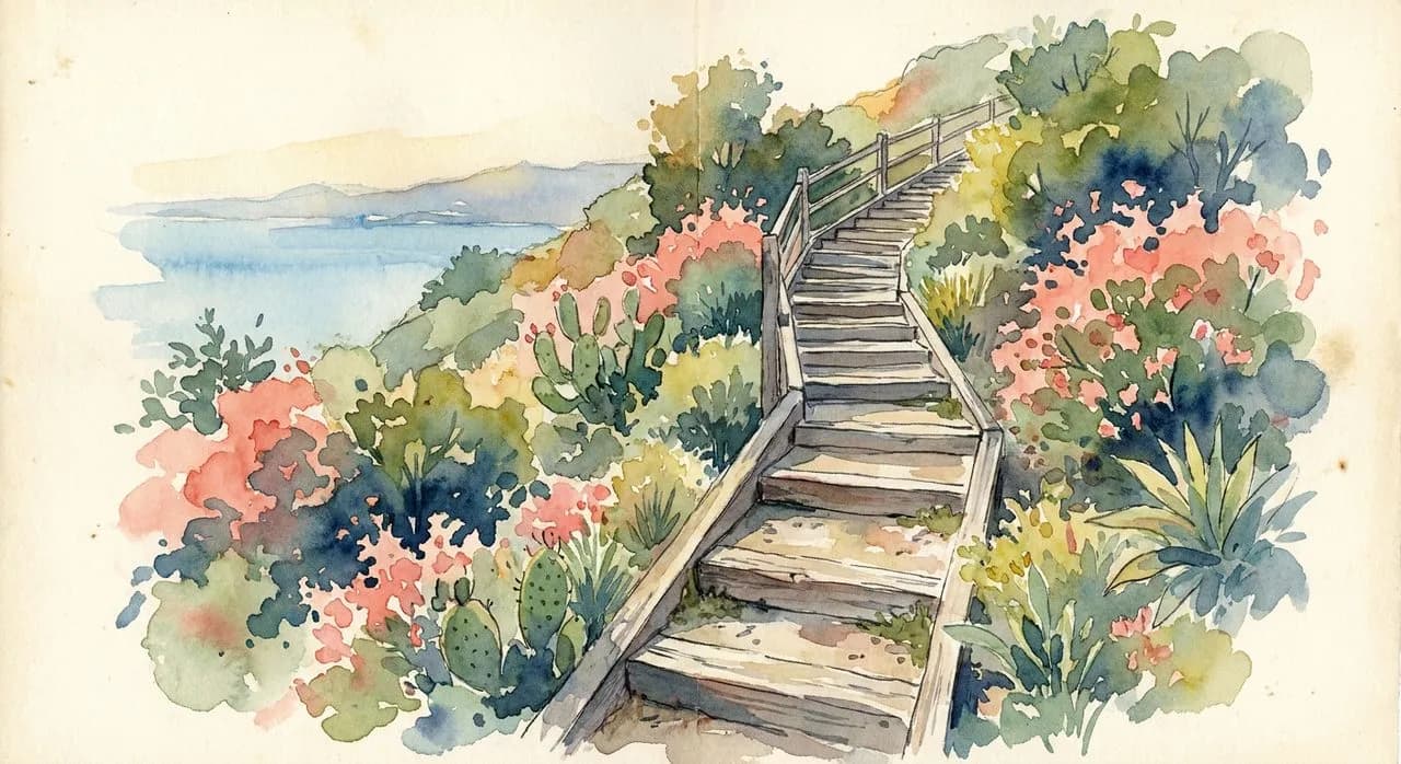 The Filbert Steps with the wooden staircase ascending Telegraph Hill, surrounded by Grace Marchant Garden's hillside plantings, San Francisco