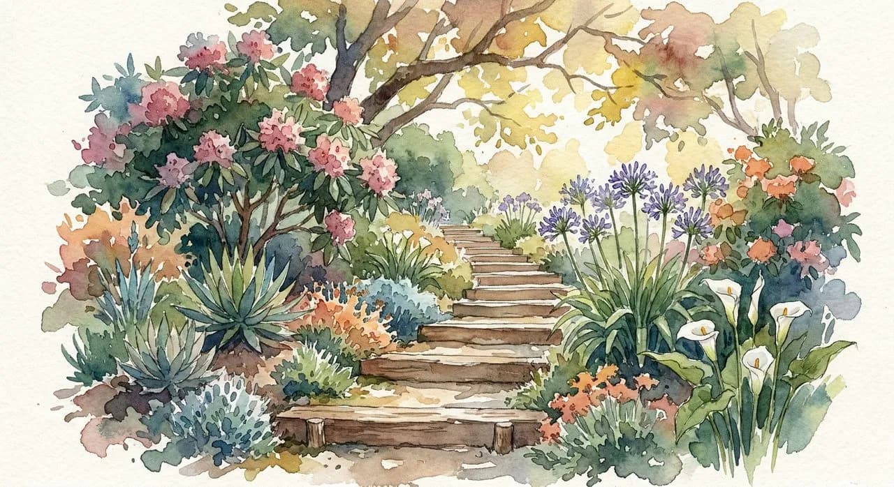 Wooden steps of the Filbert Steps climbing through Grace Marchant Garden, with mature flowering shrubs and colorful plantings on both sides