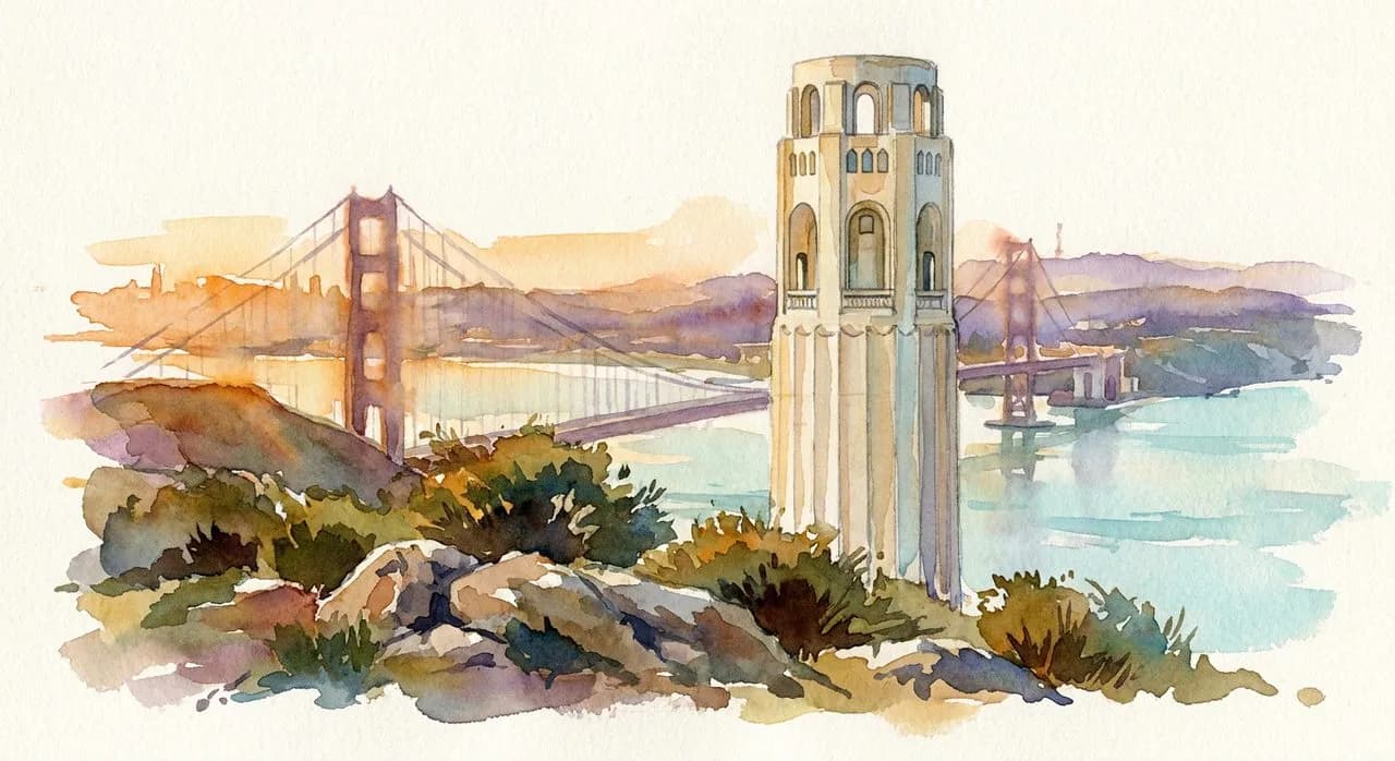 Coit Tower seen from below the Pioneer Park plateau with the Bay Bridge and San Francisco Bay visible in the background