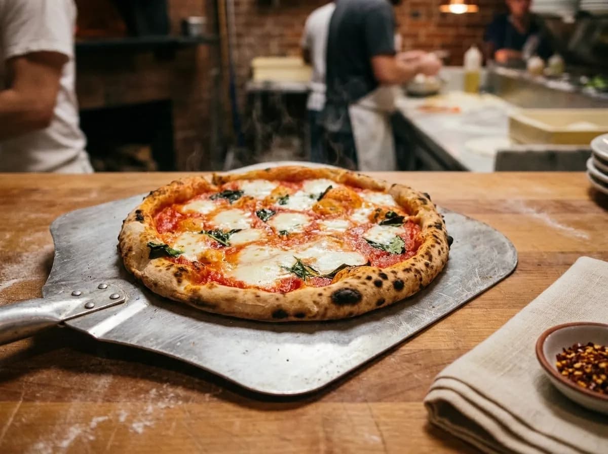 A blistered Neapolitan margherita pizza resting on a scuffed steel peel on a floured wooden pizzeria counter under warm light