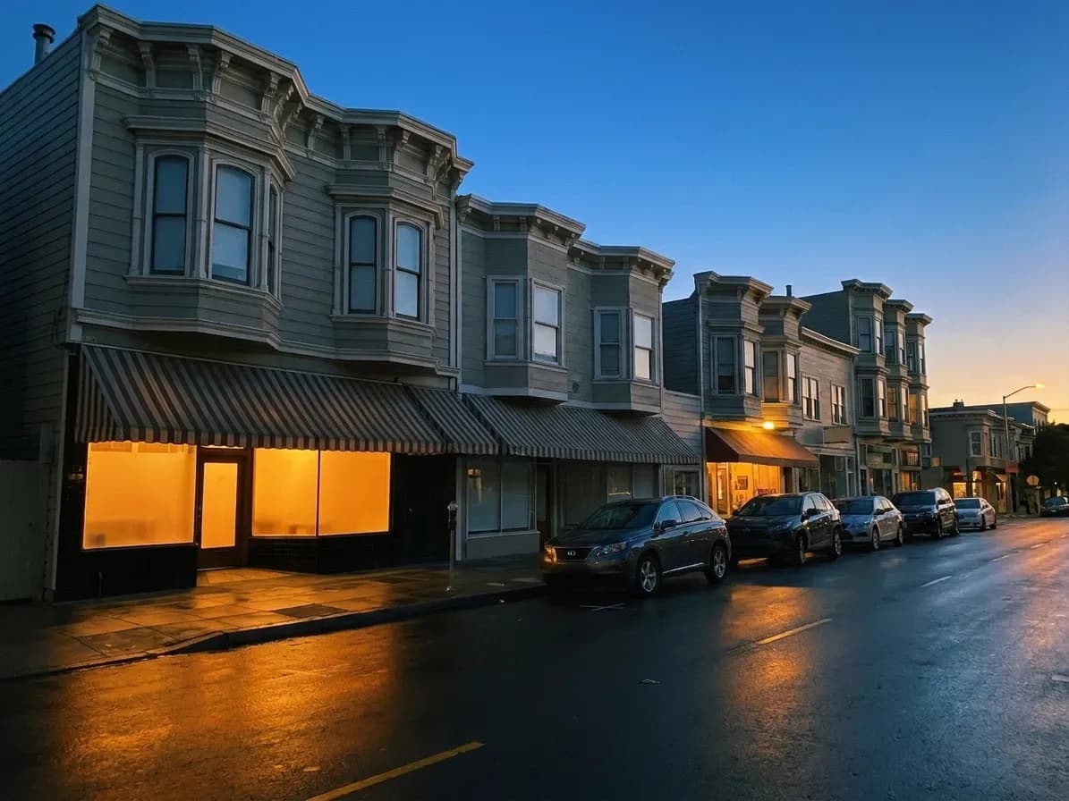 A flat San Francisco commercial avenue at dusk with low Victorian buildings, striped awnings over storefronts, one restaurant window glowing warm amber, parked cars and wet asphalt under a deep blue sky
