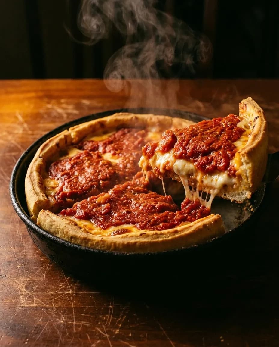 A Chicago style deep dish pizza in a black steel pan on a scratched dark wooden table with one wedge lifted to show the tall crust wall and chunky tomato on top of the cheese, steam rising in warm tungsten light