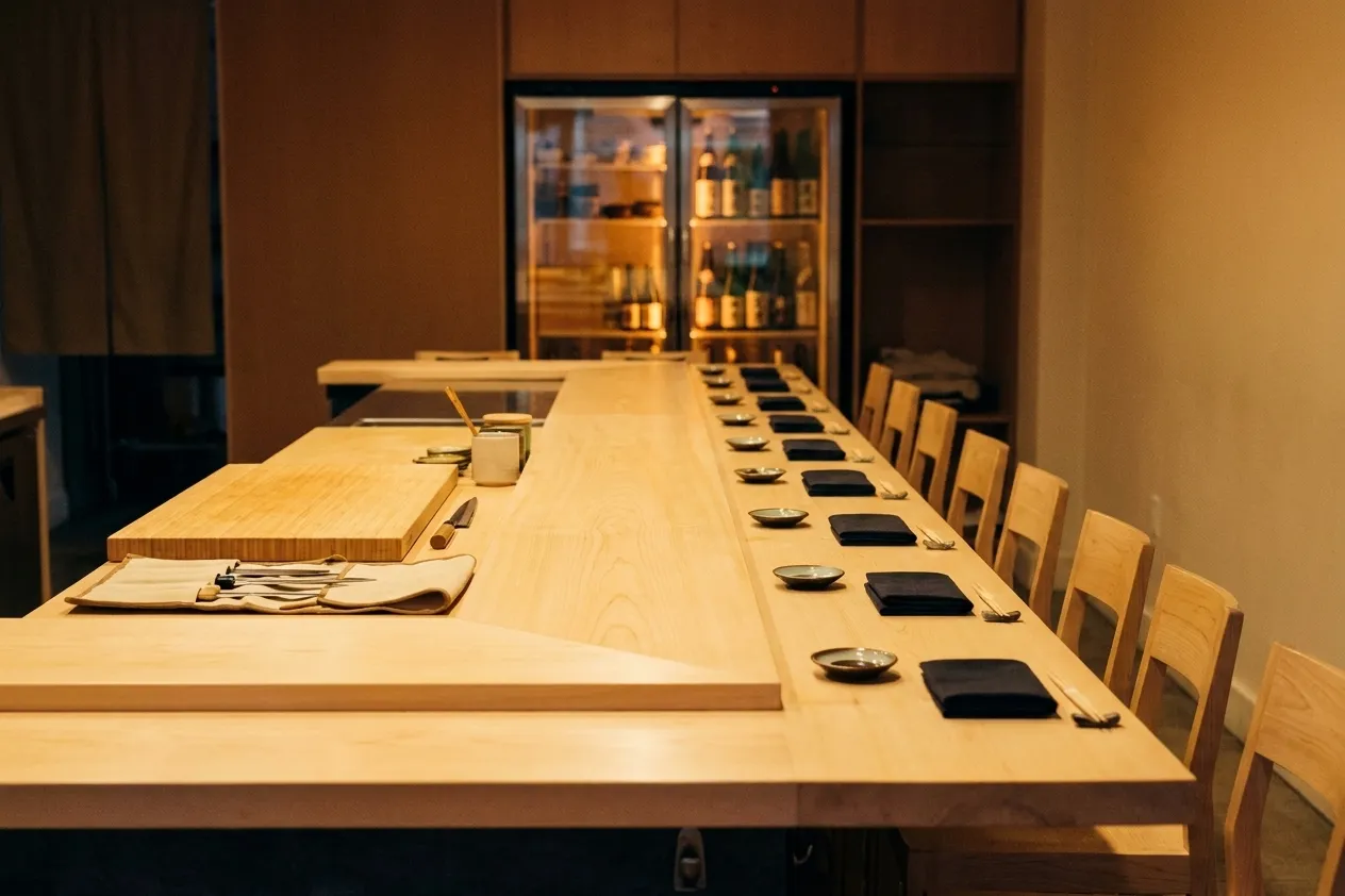 An empty twelve-seat hinoki wood omakase counter set with folded dark napkins and small ceramic dishes before service, lit by warm low downlights