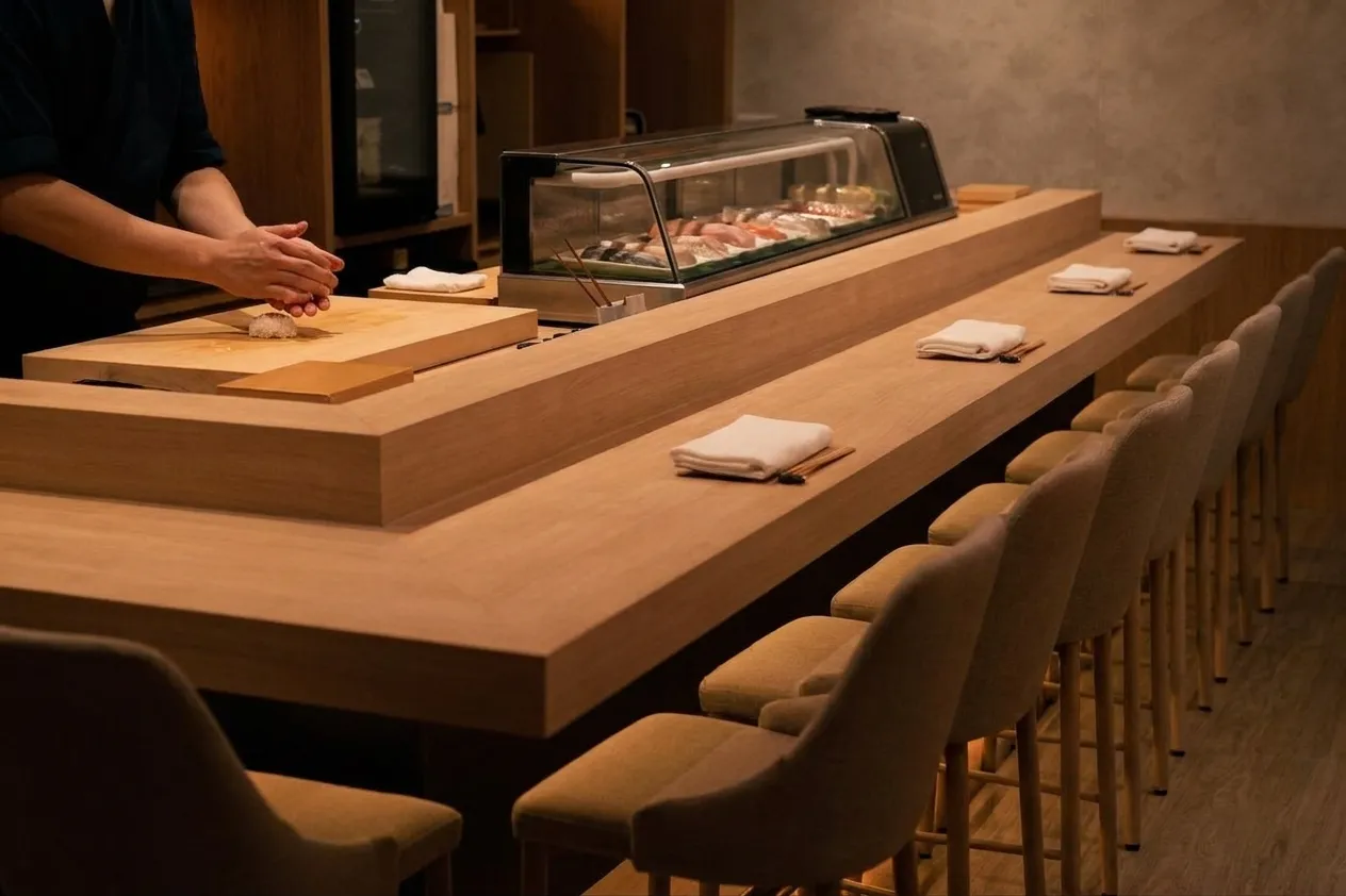 An empty ten-seat pale wood sushi counter set with folded towels and chopsticks, with a refrigerated fish case behind and a chef's hands shaping rice at one end