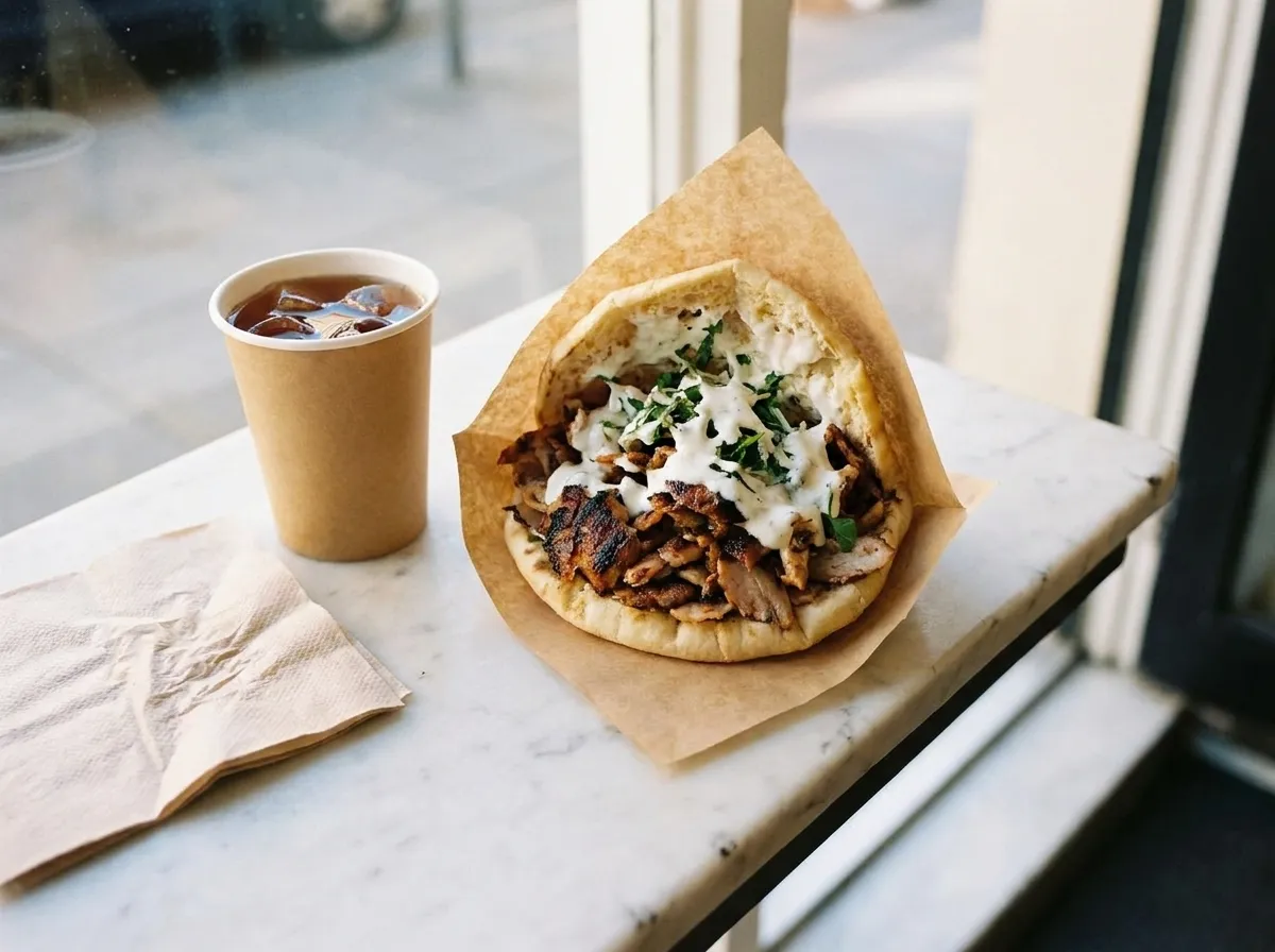 A carved-meat pita wrap open on butcher paper on a marble counter next to a paper cup of iced tea, lit by bright daylight from a storefront window
