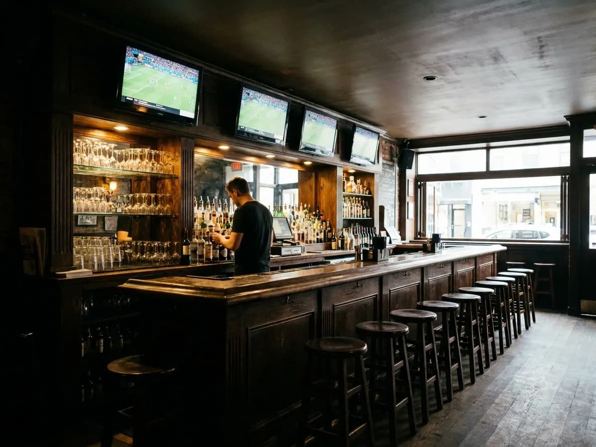 The inside of a long New York pub before eleven in the morning, most stools still empty, four televisions already switched on above the back bar