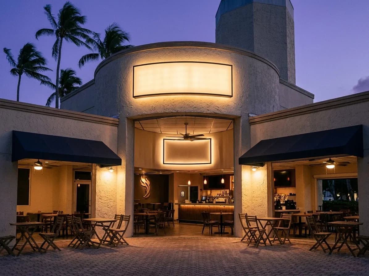 A Miami bar frontage at dusk with open-air seating under a low awning, palms in silhouette, warm light spilling across the pavement