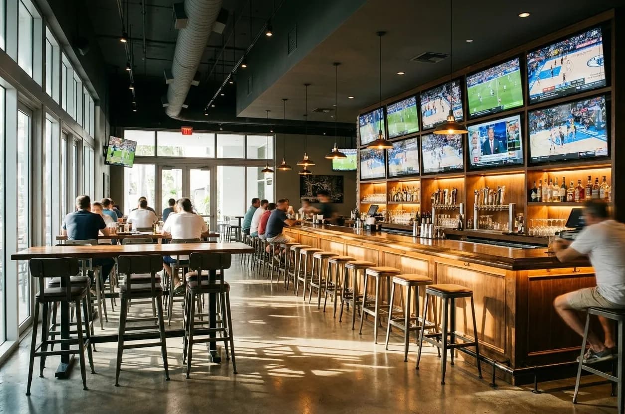 A Brickell sports bar interior with a bank of screens above a central bar and high tables, seen from the back of the room in the afternoon