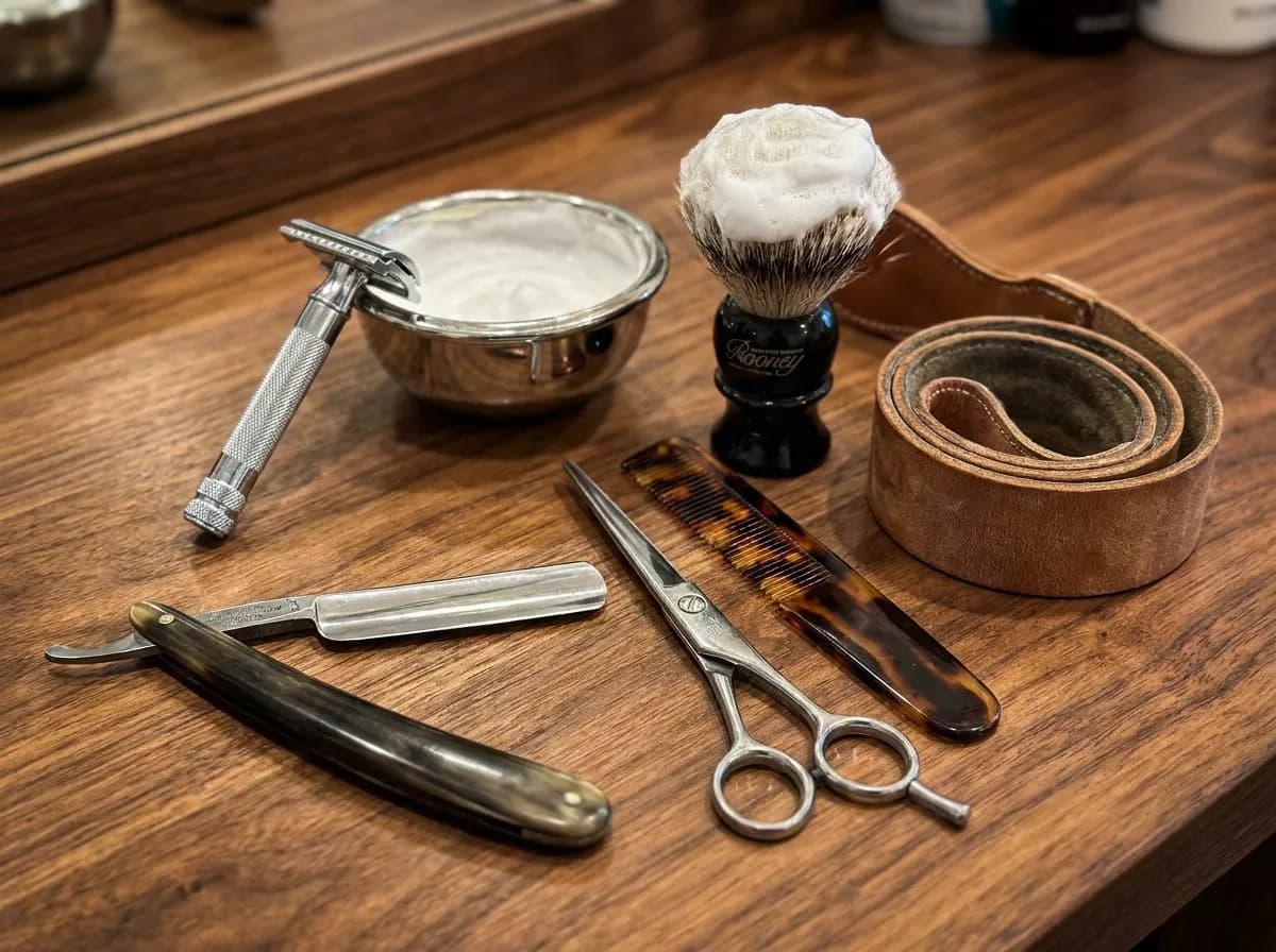 Close-up of barber tools on a polished wood counter — straight razor, scissors, comb (img2img re-imagining of a real CC BY 3.0 photo by CoffeeAddict)