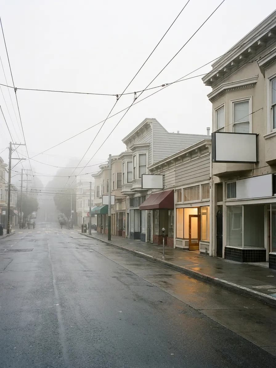 A San Francisco commercial street early on a foggy morning, low storefronts along one side, wires overhead, hills rising in the distance