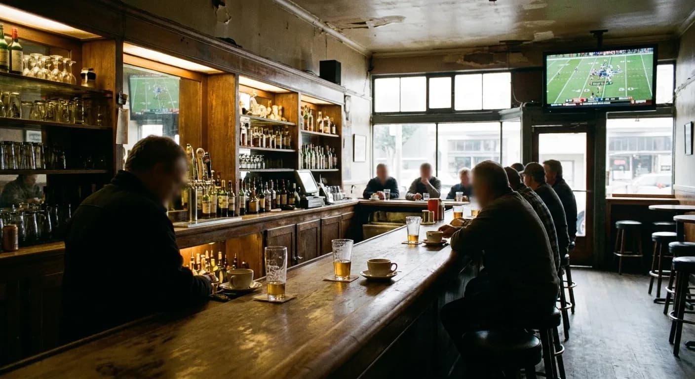 A small neighbourhood bar in San Francisco in morning light, a handful of people at the bar in team colours, one large screen on the end wall