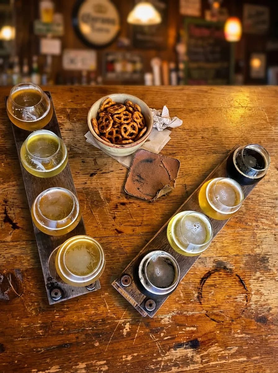 Close-up of beer flight on worn wooden bar — four glasses, condensation, pretzel rod (img2img re-imagining of a real CC BY-SA 4.0 photo by <a)