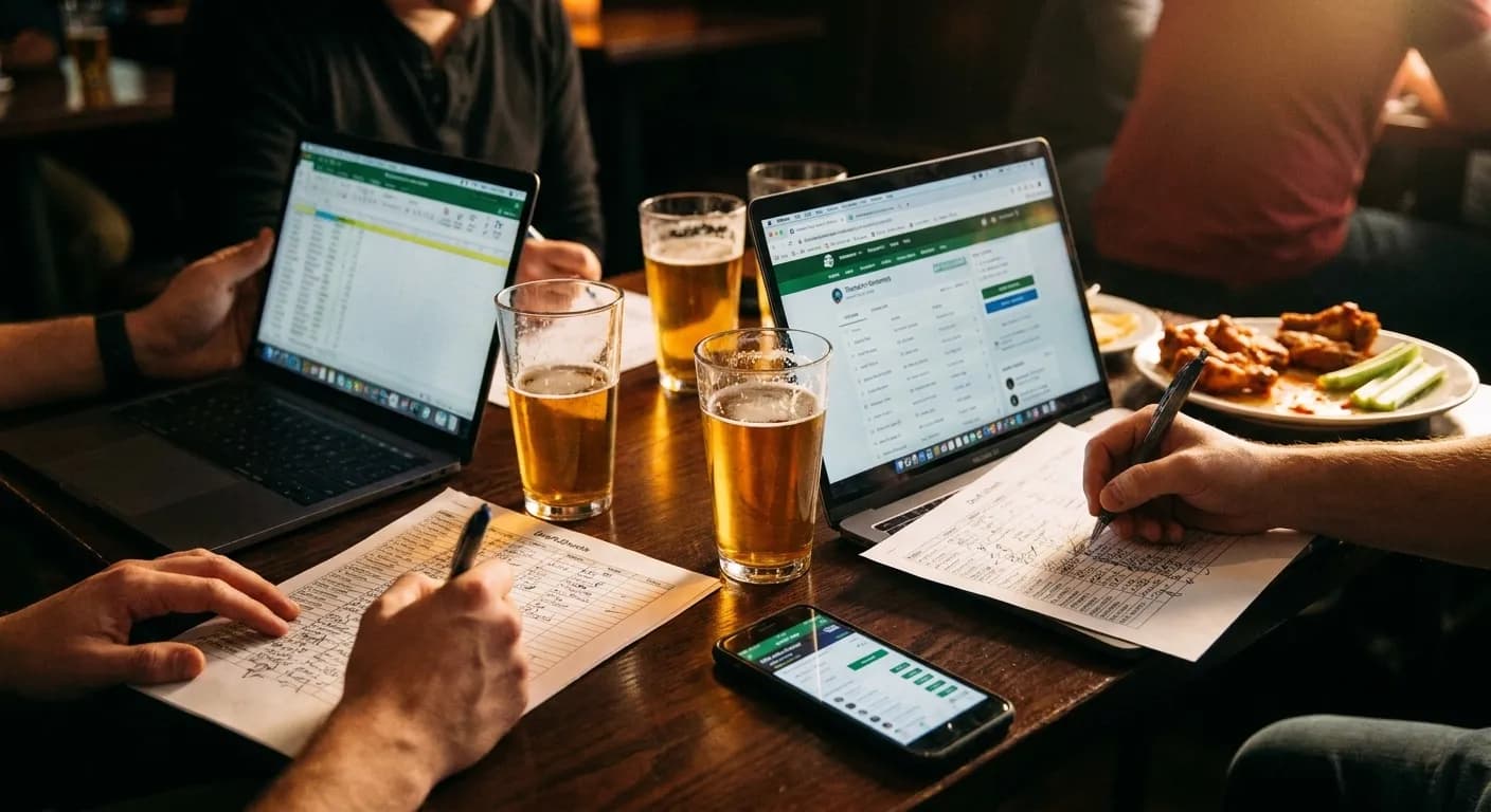 A cluttered table mid-draft: two open laptops, printed cheat sheets, beer glasses and a plate of wings pushed to one corner