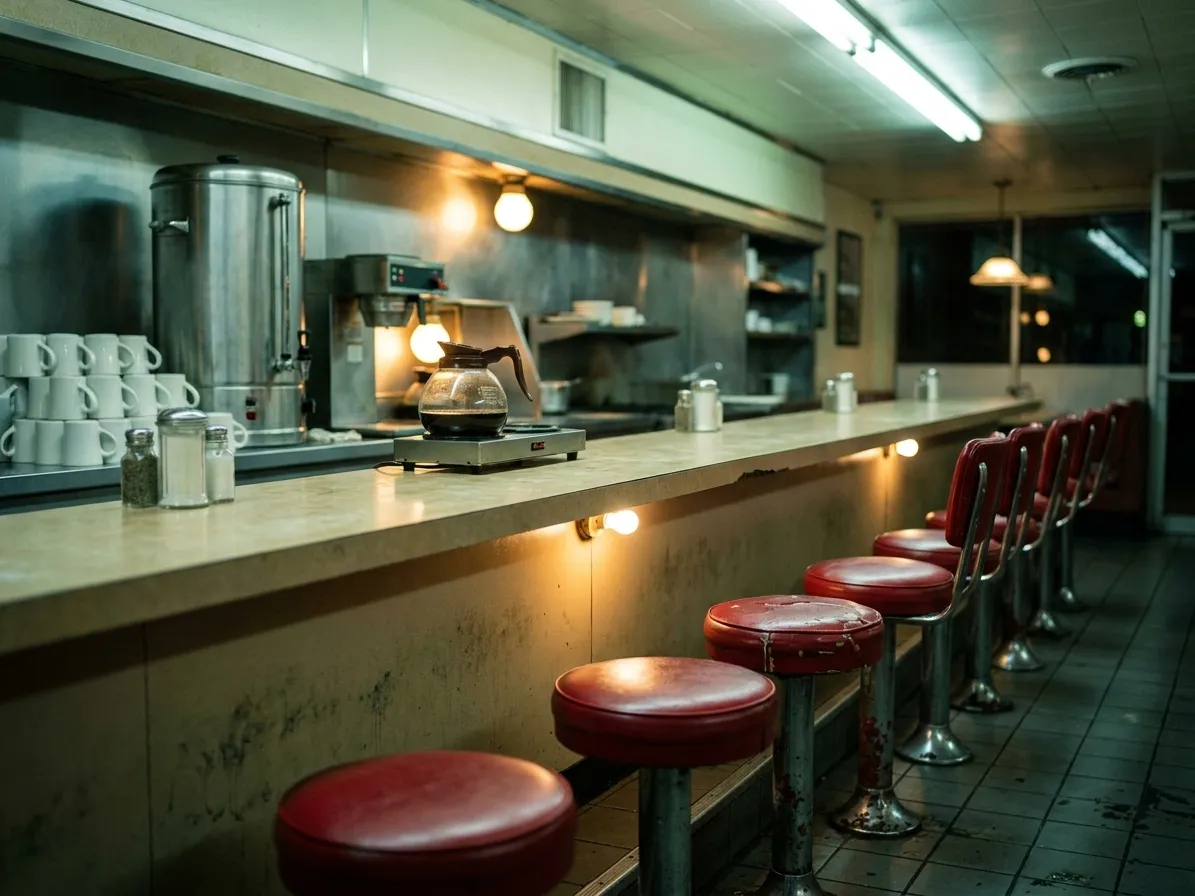 An empty diner counter in the small hours with a row of worn red vinyl swivel stools, stacked white mugs, a coffee urn and a half-full pot on a warmer under fluorescent light