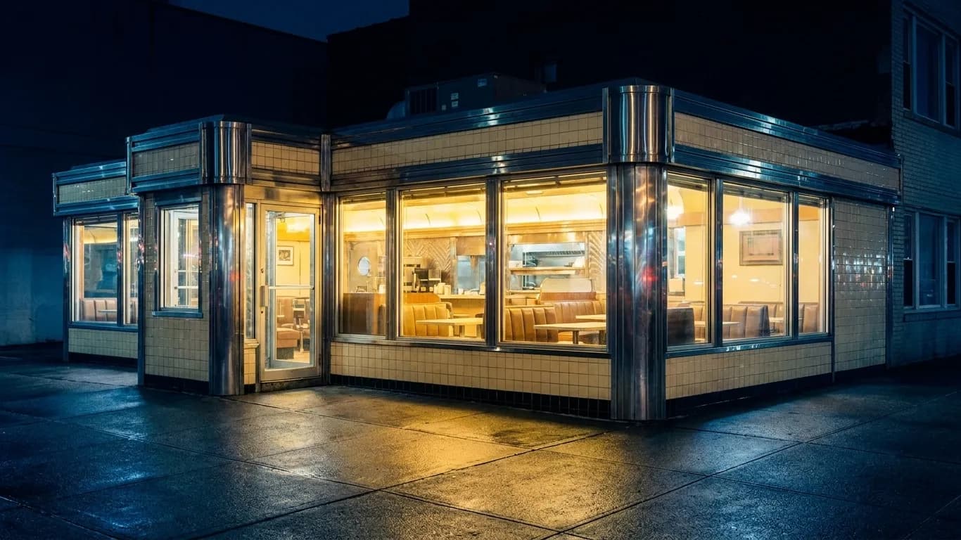 The chrome and tile exterior of a small mid-century American corner diner at night, windows glowing warm yellow over empty booths, with wet asphalt reflecting the light under a dark blue sky