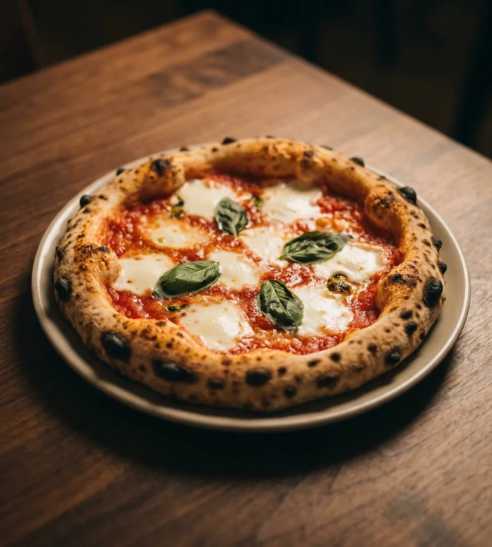A whole Neapolitan margherita pizza with a blistered leopard-spotted crust, torn mozzarella and fresh basil on a plain ceramic plate on a dark wooden restaurant table in warm low light