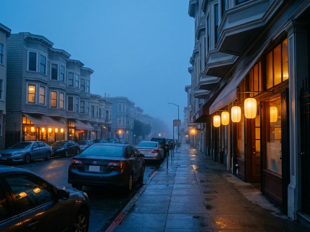 A foggy San Francisco avenue at dusk with bay-windowed buildings above ground-floor restaurants, plain glowing paper lanterns outside a doorway and warm light reflecting off the wet sidewalk