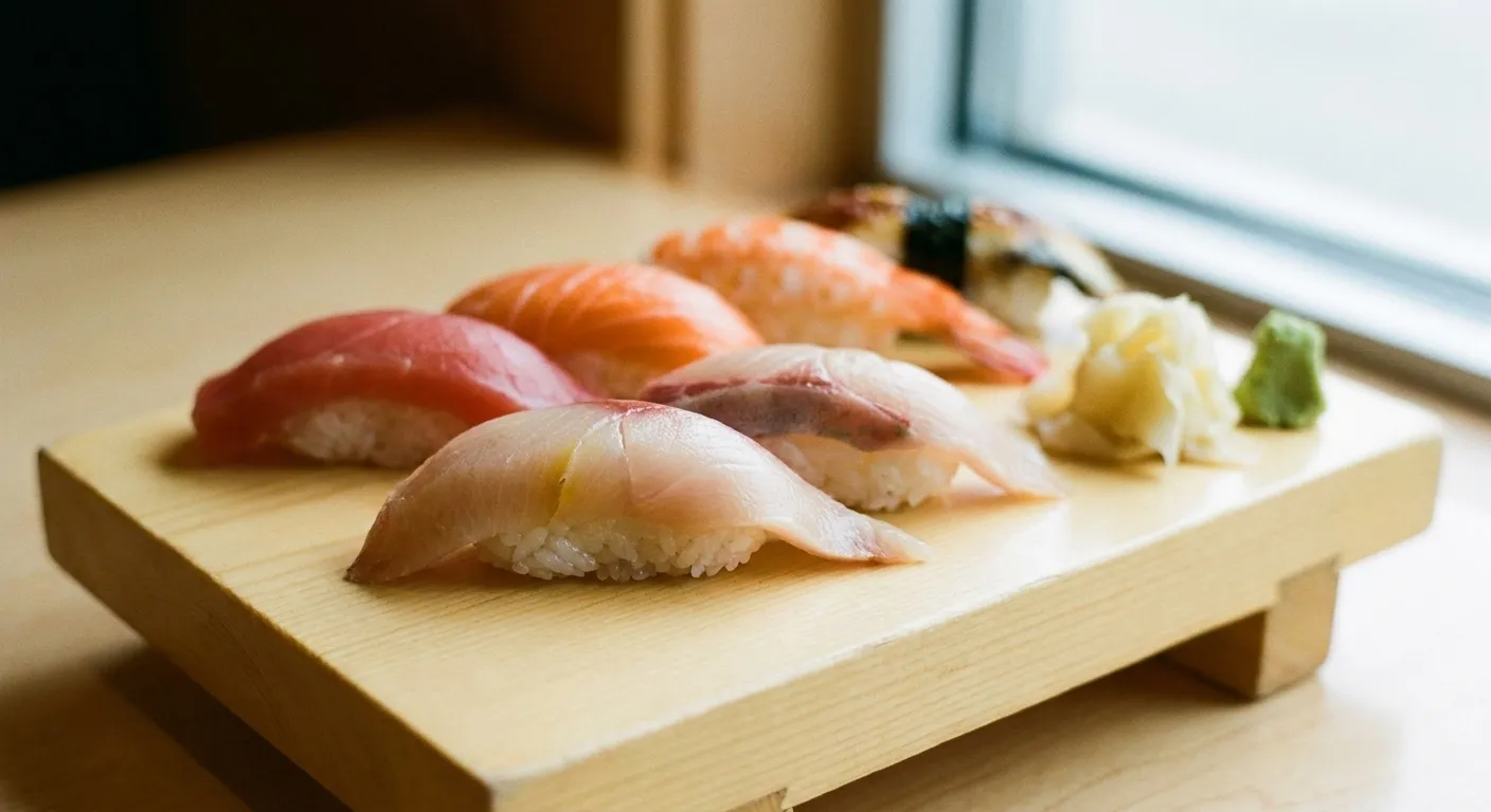 A row of nigiri sushi including tuna, salmon, yellowtail and shrimp arranged on a pale wooden geta board beside pickled ginger and wasabi in soft window light