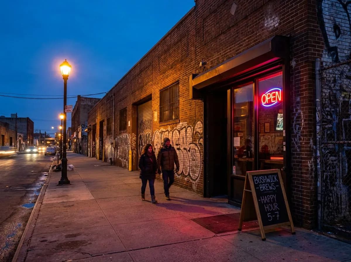 Twilight street view of Knickerbocker Avenue Bushwick with industrial warehouses (img2img re-imagining of a real CC BY 2.0 photo by JL Wong)