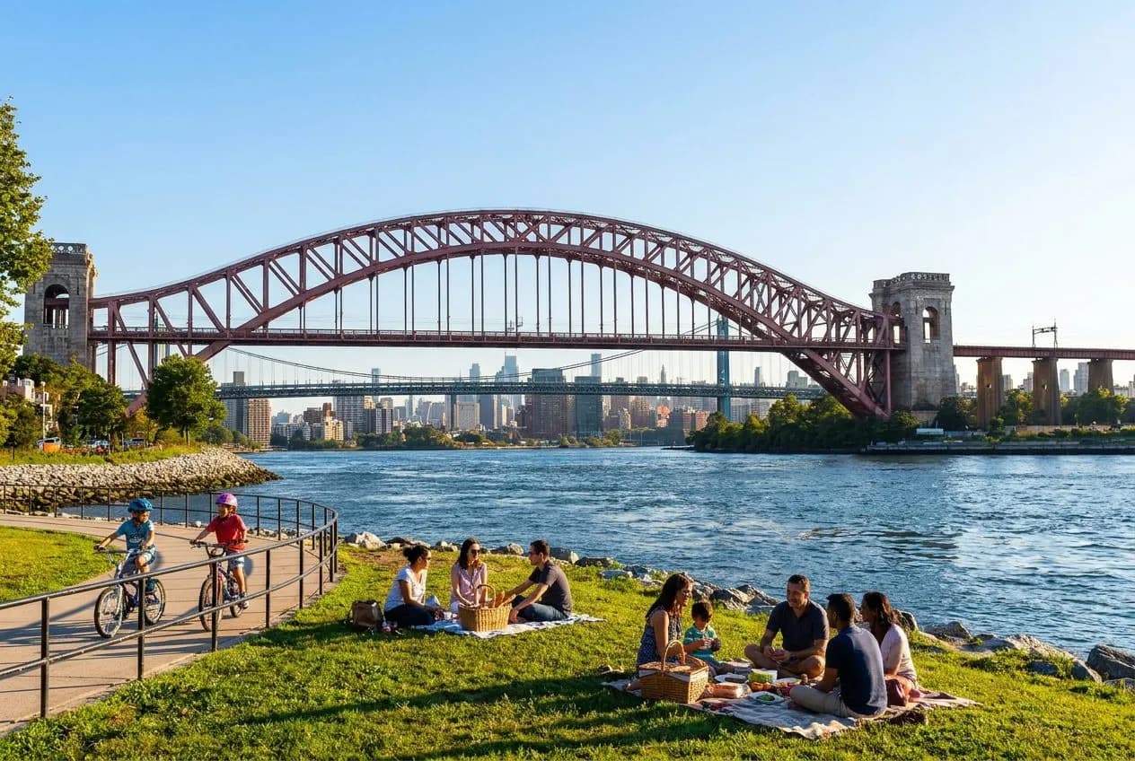 Astoria Park waterfront in Queens with Hell Gate Bridge arch in background, families picnicking (img2img re-imagining of a real CC BY-SA 4.0 photo by TheCatalyst31)